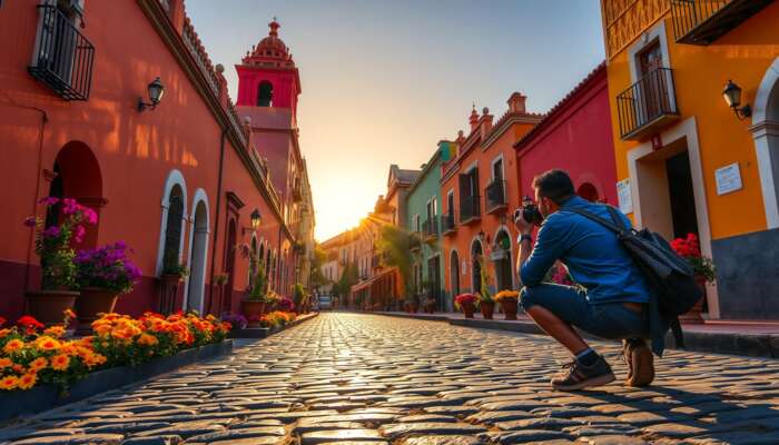 A photographer crouches to capture a unique angle of San Miguel de Allende's vibrant colonial architecture and colorful flower-filled street during the golden hour.