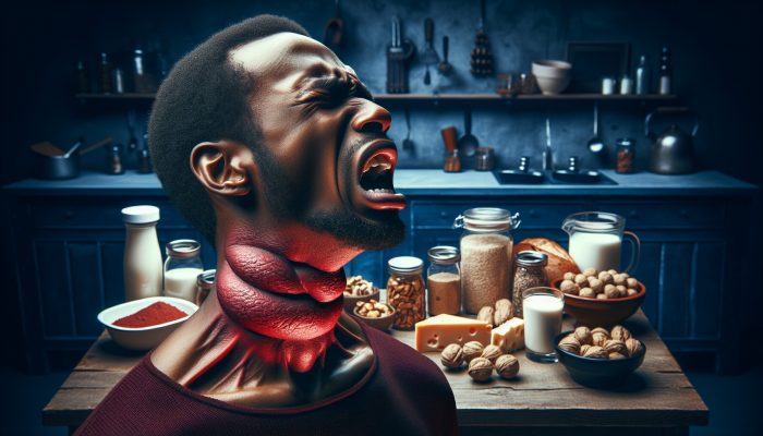 A person grimacing with a swollen, red throat, surrounded by nuts, dairy, and gluten on a table in a dimly lit kitchen.