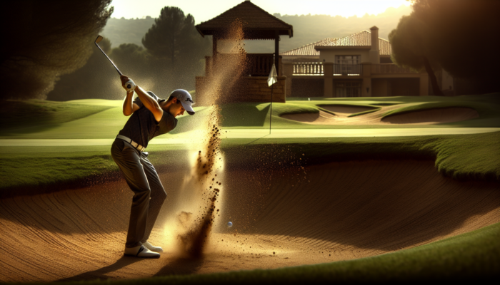 Focused South African golfer in Pretoria's sunlit bunkers executes a splash shot, with wide stance, open clubface, and sand erupting as the ball arcs to the green.