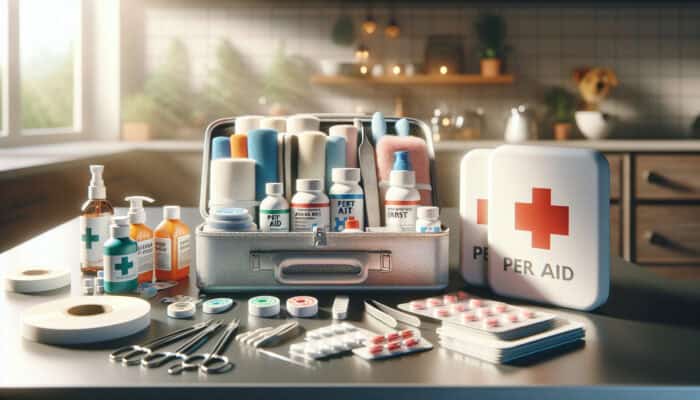 A well-organized pet first aid kit on a sunny kitchen counter with bandages, antiseptics, tweezers, gloves, and medications, neatly arranged.