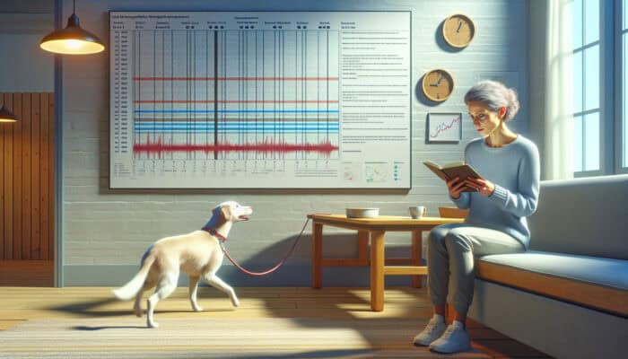 Pet owner in cozy living room observes anxious dog pacing, jots notes in behaviour diary, and checks calendar for anxiety triggers.