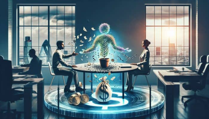 A compassionate debt advisor consults a relieved client in a modern London office, surrounded by shattering chains, growing money trees, and a serene glow.