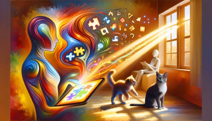 A curious dog paws at a tablet with puzzle games and graphs, while a cat solves challenges and an owner observes in a sunlit room.