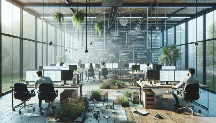 A contemporary office in Calne where designers collaborate on WordPress projects, featuring laptops displaying code, mockups, sketches, plants, and abundant natural light.