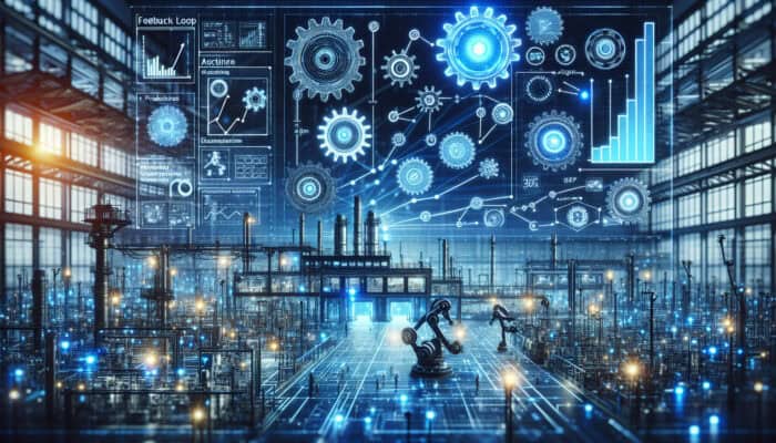 Dynamic factory illustration showing gears and circuits in a feedback loop optimising operations with blue lights and rising graphs.