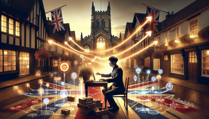 An analyst in historic Shaftesbury, UK, examines a glowing dashboard with rising graphs representing social media ROI metrics and British flags.