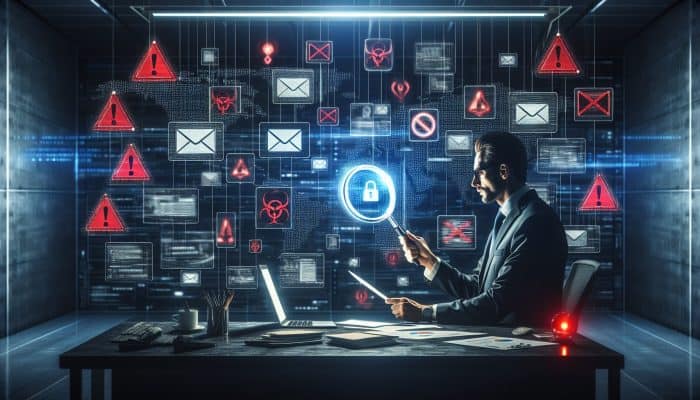 A cybersecurity analyst examines deceptive emails and fake websites under a glowing magnifying glass, surrounded by red flags and alarms in a shadowy office.
