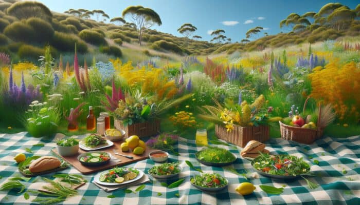 Vibrant spring picnic in Australian bush: checkered blanket on grass with wildflowers, dishes featuring lemon myrtle and wattleseed under blue sky.