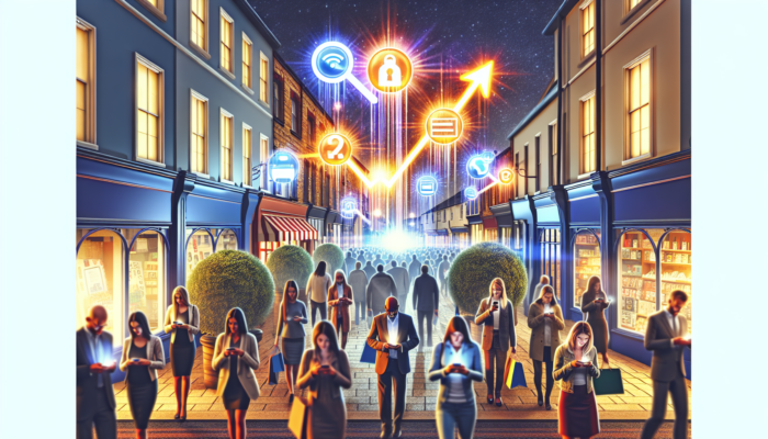 Bustling Exmouth high street with vibrant shops, glowing SEO icons, crowds on smartphones, increasing foot traffic, and rising revenue graphs.