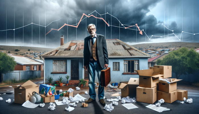 A weary landlord in a rundown Witbank house with leaking roofs, broken windows, moving boxes, legal documents, and a downward market graph under stormy skies.