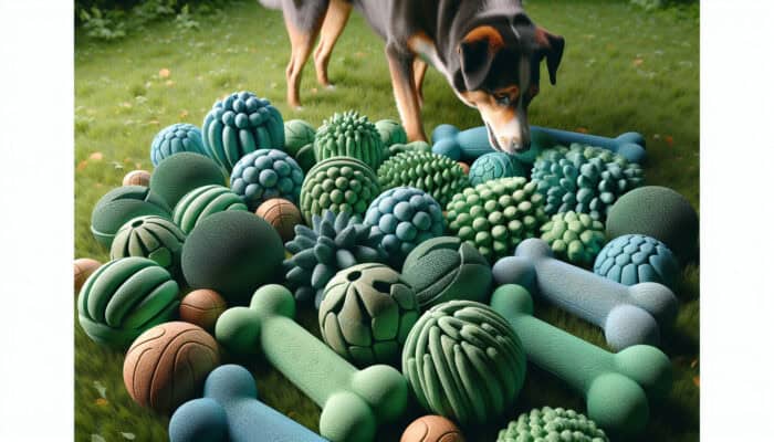 Eco-friendly dog toys in bone and ball shapes, colored green and blue, on a grassy field with a playful mixed-breed dog sniffing them.