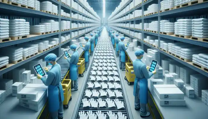 Modern warehouse filled with stacked white cotton gloves, workers in blue uniforms scanning barcodes and packing on conveyor belts under bright lights.