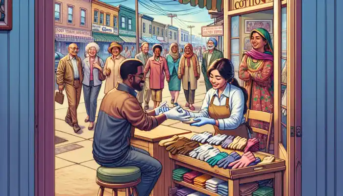 A bustling Reading street scene: a local shop with shelves stocked with cotton gloves, a shopkeeper fitting a smiling customer, and neighbours engaged in conversation.