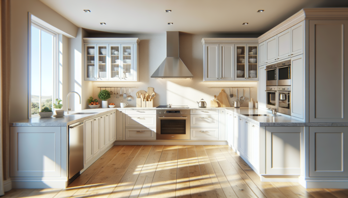 Modern open-plan kitchen in a sunny South African home with white cabinets, brushed metal hardware, granite countertops, and energy-efficient appliances.