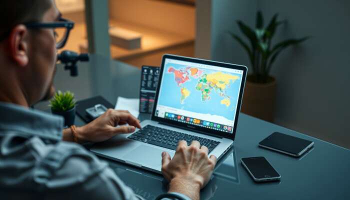 A traveller at a sleek desk organises vacation logistics on a laptop, displaying flight bookings, hotel reservations, and a colourful itinerary map.