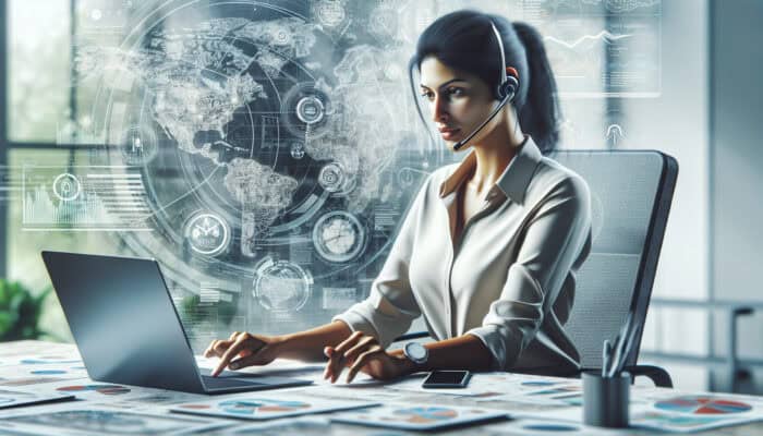 Focused virtual assistant plans global travel itinerary on laptop, surrounded by maps, calendars, and headset in modern office.