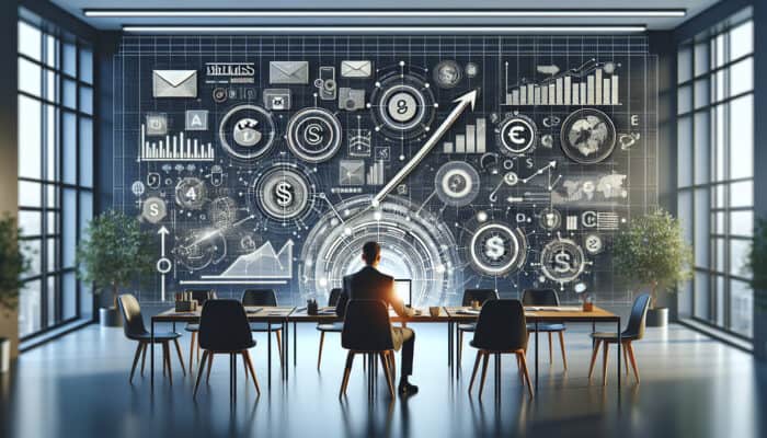 A marketer at a modern desk crafting upselling emails on a glowing screen, with rising sales graphs and currency symbols in the background.