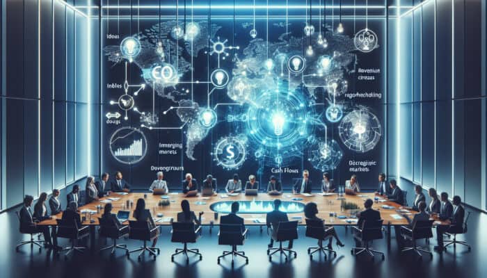 Innovative business leaders collaborate around a glowing holographic revenue map with lightbulbs, currency symbols, and market icons illuminated under blue lights.