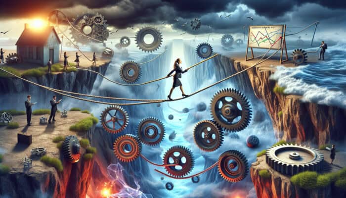 A corporate tightrope walker balances on a fraying rope over gears and illusions, guided by a luminous map amidst a stormy business environment.