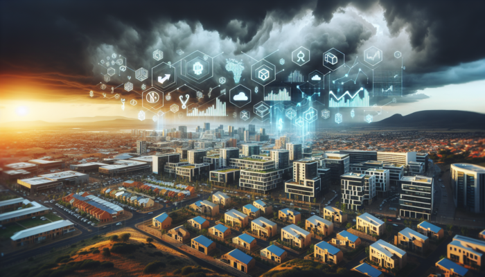 A panoramic view of Rustenburg's cityscape with modern homes, commercial buildings, rental units, and investors analyzing charts under a stormy sky.