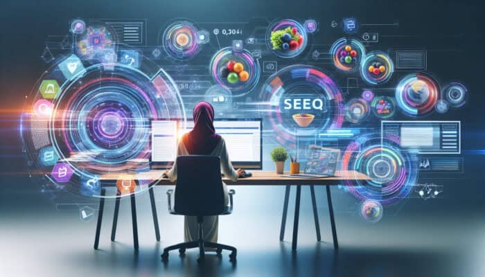 An analyst focused at a sleek desk, surrounded by floating holographic keywords, reviewing SEO graphs on multiple screens.